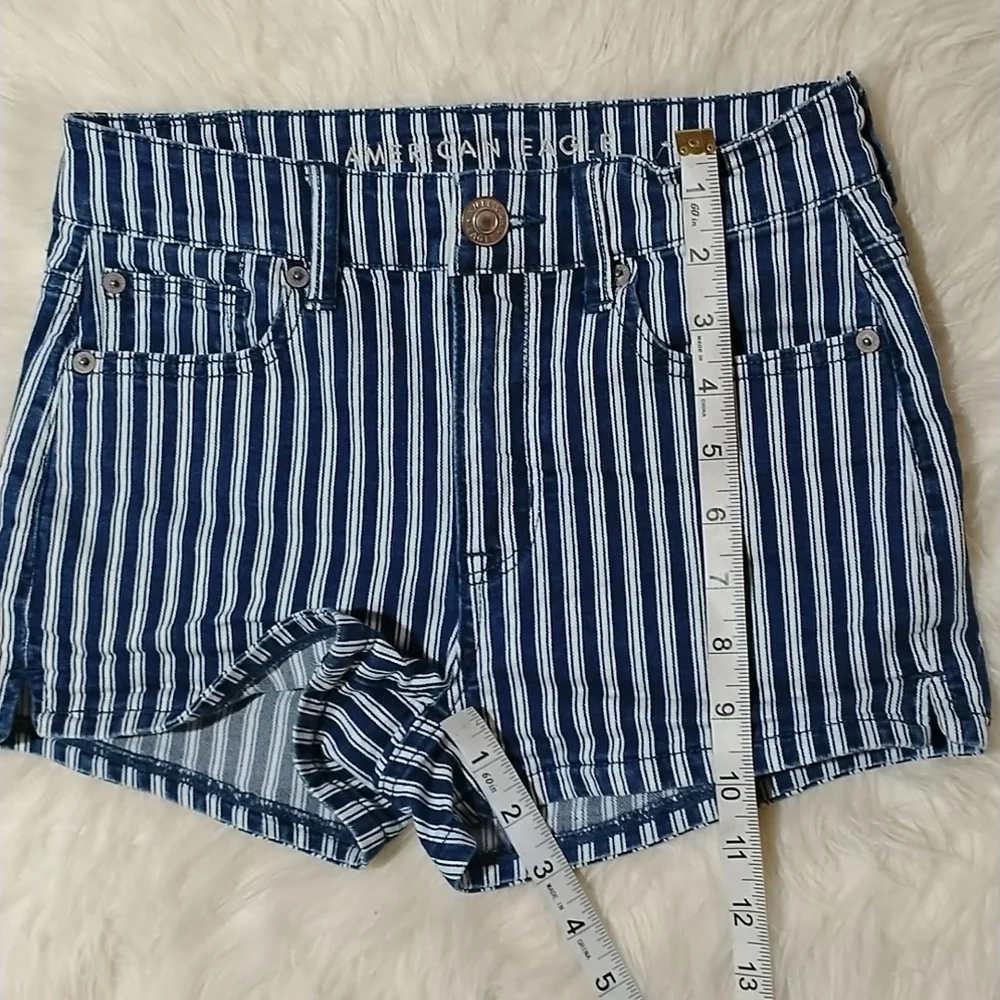 American Eagle Outfitters Navy and White Striped High-Rise Denim Shorts